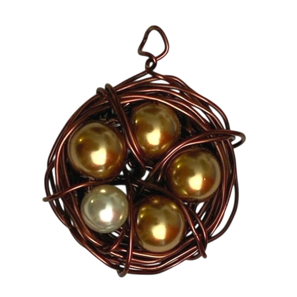 Handcrafted Vintage Metal Bird Nest with 5 Eggs Charm Pendant Bronze Gold Pearl